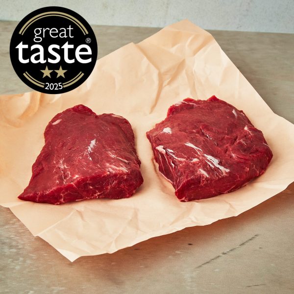 Grass fed flat iron steaks on pink butchery paper