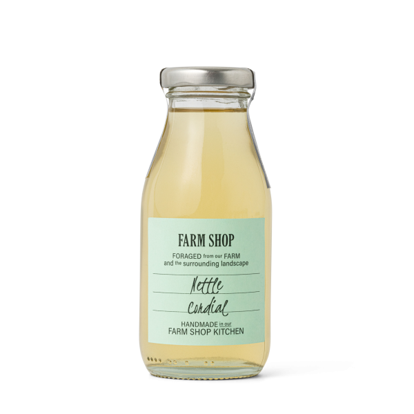 Farm shop nettle cordial in a jar with a green label