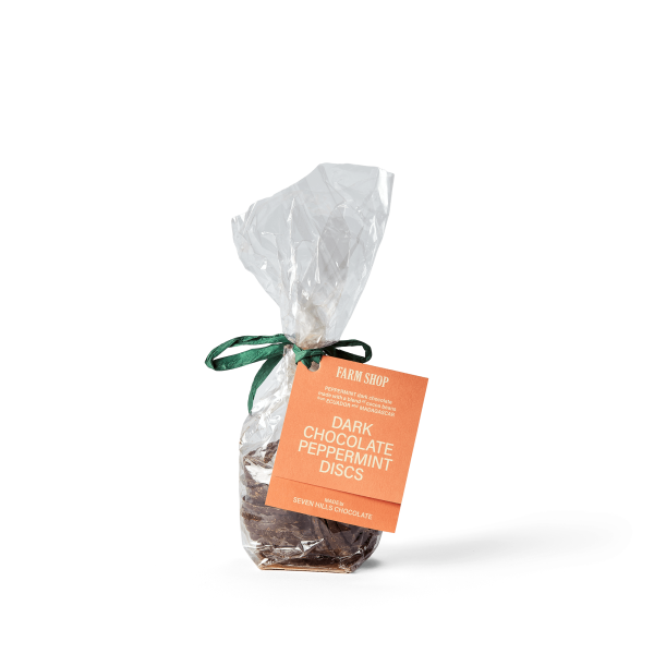 Chocolate pepermint discs in a bag with a label