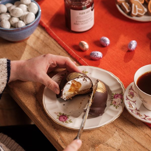 Teacake cut in half on a decorated table